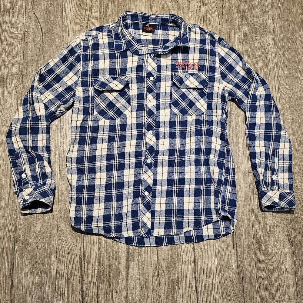 Stranger Things Mens Large Blue White Plaid Long Sleeve Button Flannel Shirt